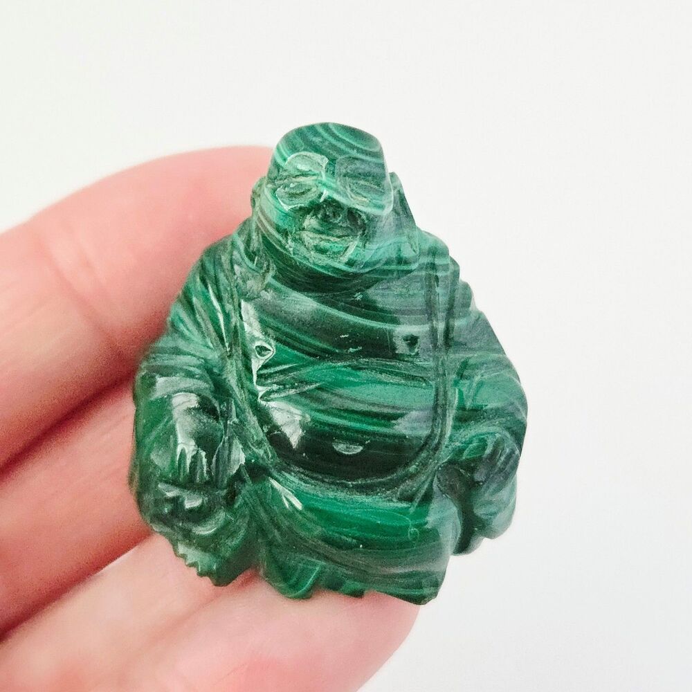 Small Carved Natural Green Malachite Laughing Budda Figure Crystal Healing 1.25"